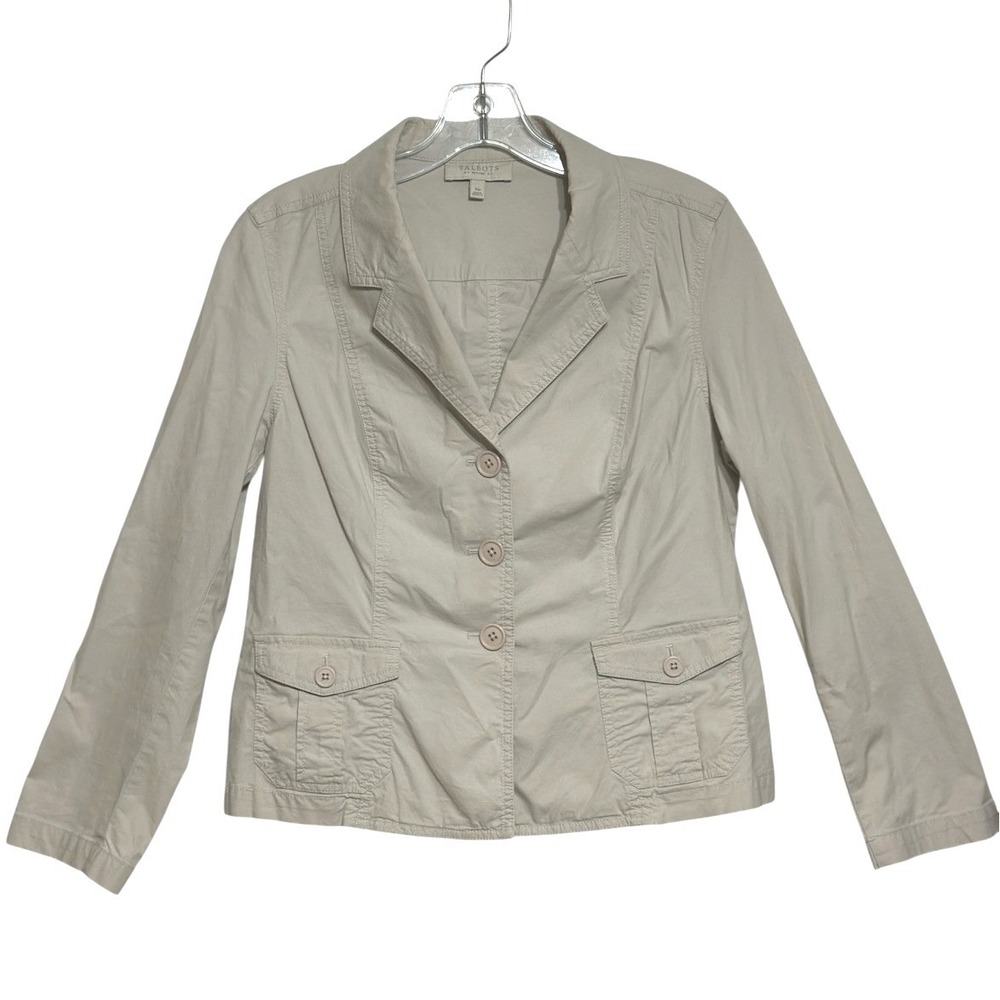 Talbots Blazer Women Khaki Tan Cotton Spandex Three Button Tailored Safari 10P